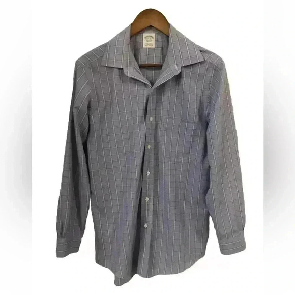 Brooks Brothers Mens Slim Fit Blue and White Check Print Dress Shirt 15.5x32 - Picture 1 of 4